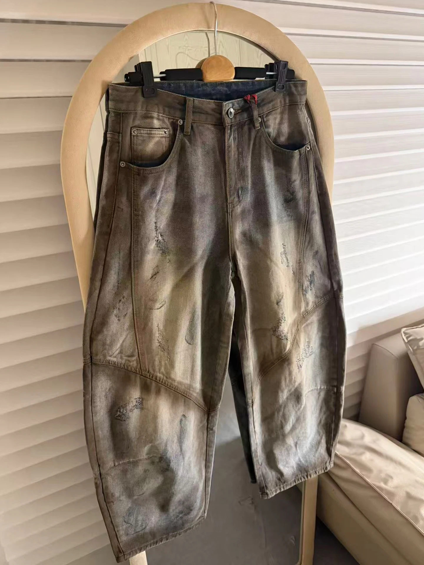 Calça Jeans Unissex de Perna Larga Estilo Parisiense, Resistente, Retrô Americano, Lavada, Solta, com Corte de Borda, Casual ...