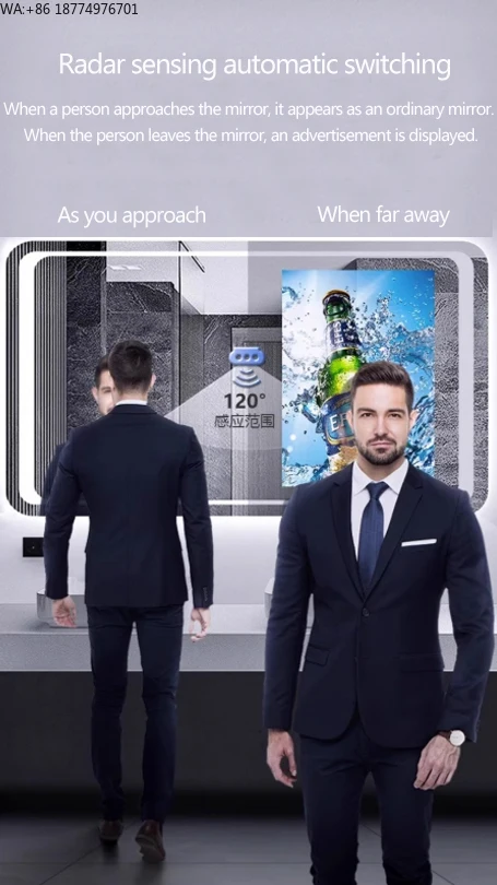 

18,5-дюймовое рекламное зеркало для ванной комнаты: умное зеркало с интерактивным датчиком движения, водонепроницаемый магический дисплей