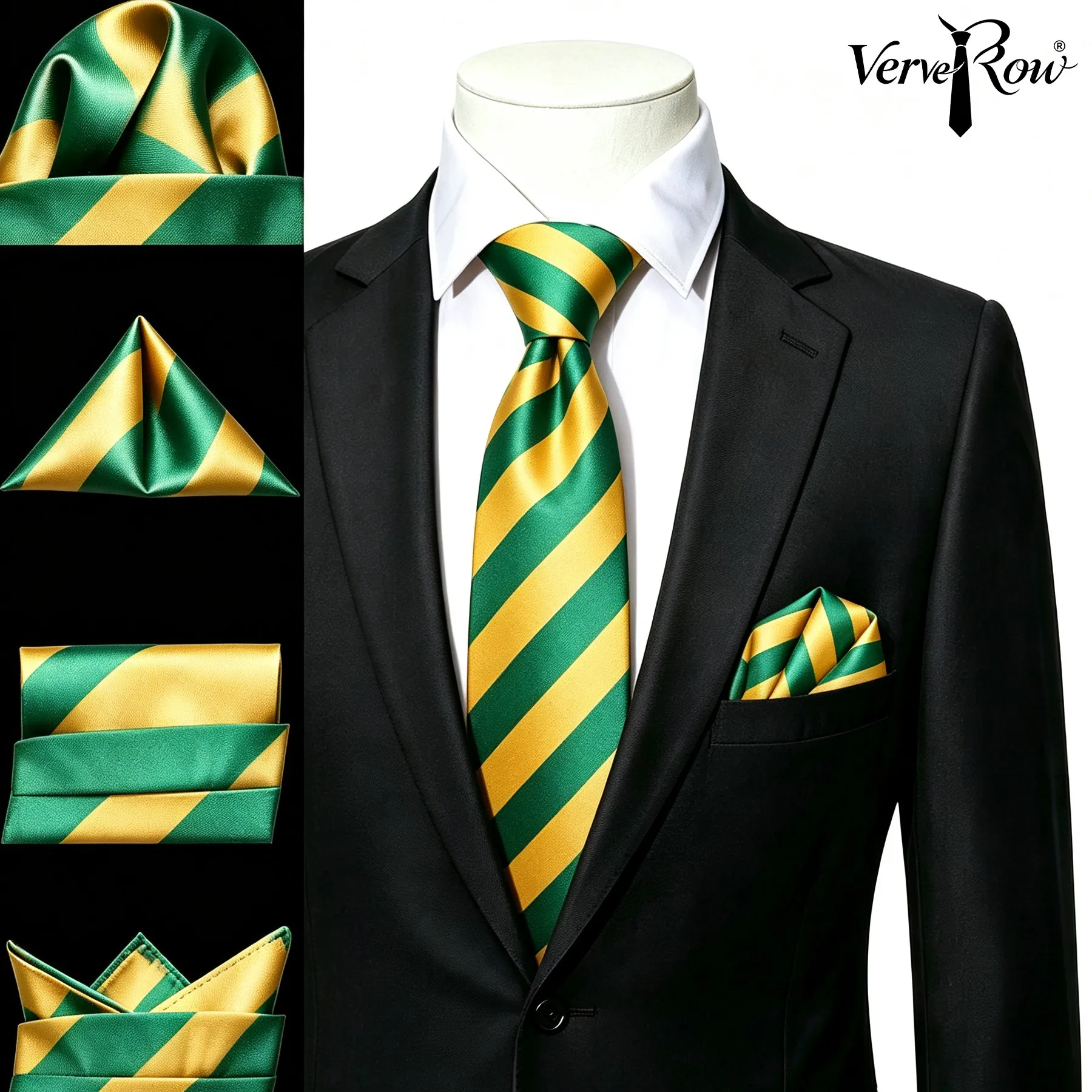 VERVEROW Vibrant Green Gold Striped Necktie with Matching Pocket Square Men Formal Tie Handkerchief Accessory for Business
