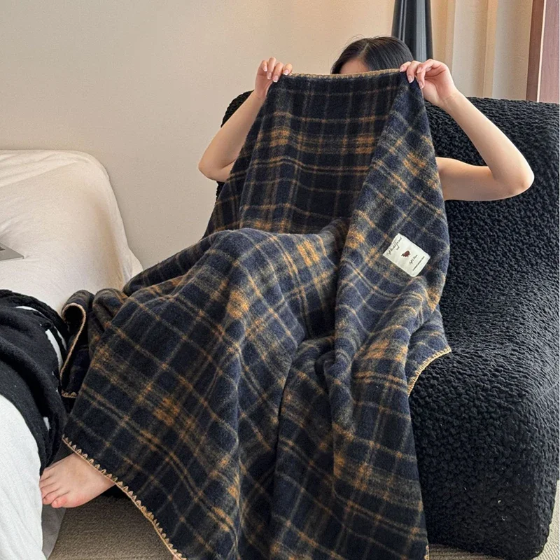Retro Plaid Faux Cashmere Blanket Super Soft Comfortable Warm Blankets for Office Nap Luxury Single Size Colorfast Home Textiles