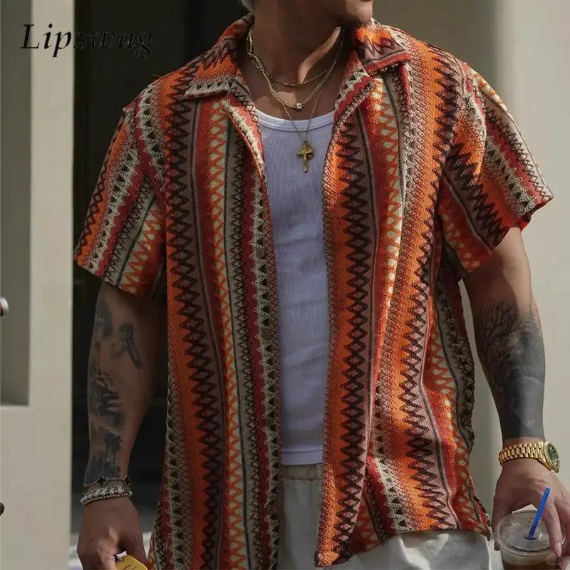 

Vintage Ethnic Striped Crochet Shirts Mens Knitted Hollow Out Casual Shirt Spring Summer Men Fashion Short Sleeve Buttoned Shirt