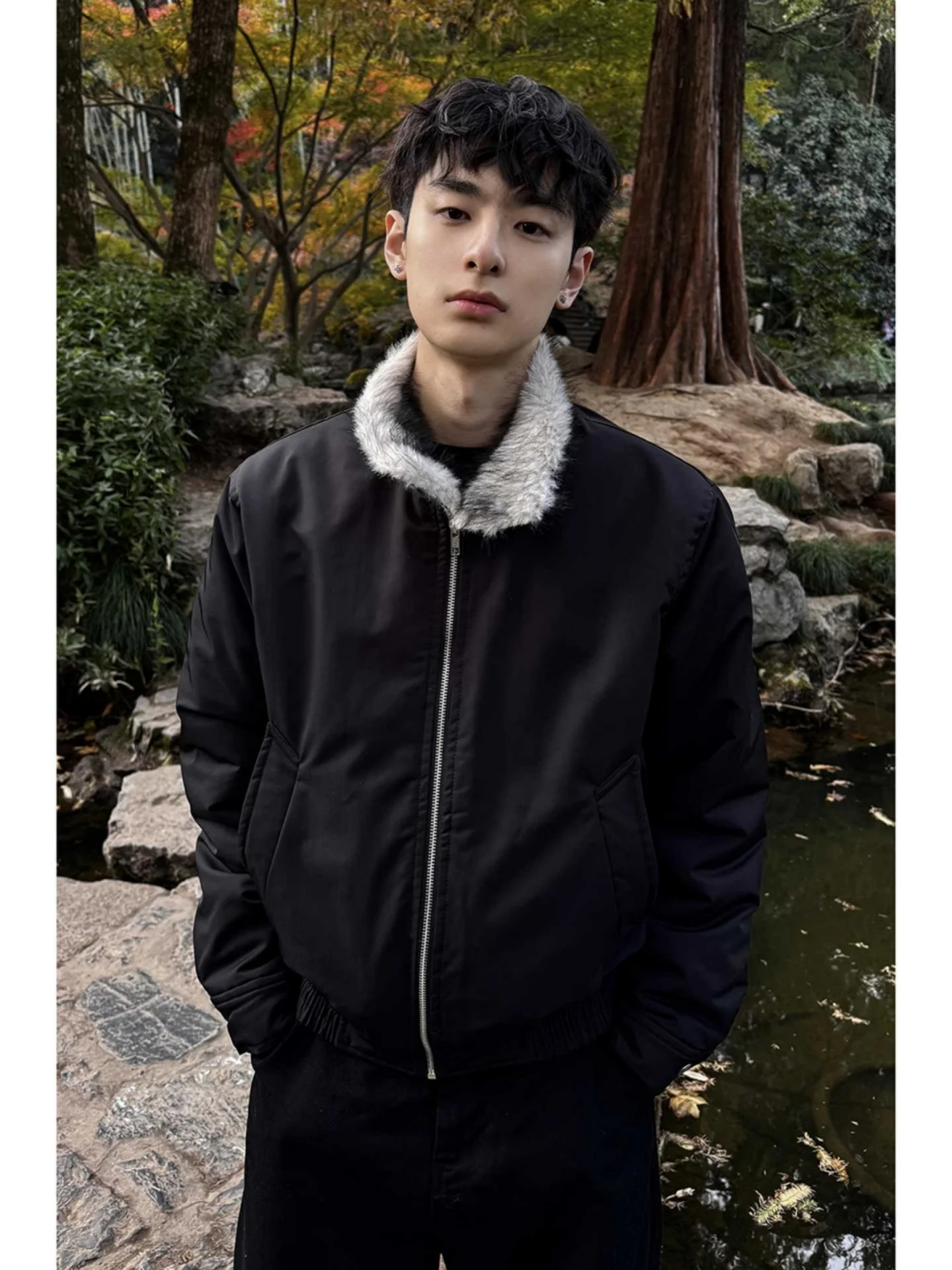 

Bla Warm ort Cotton Jaet for Men Winter Thiened Fluffy Collar Leisure Sle Youth Faion No Hood Daily Wear