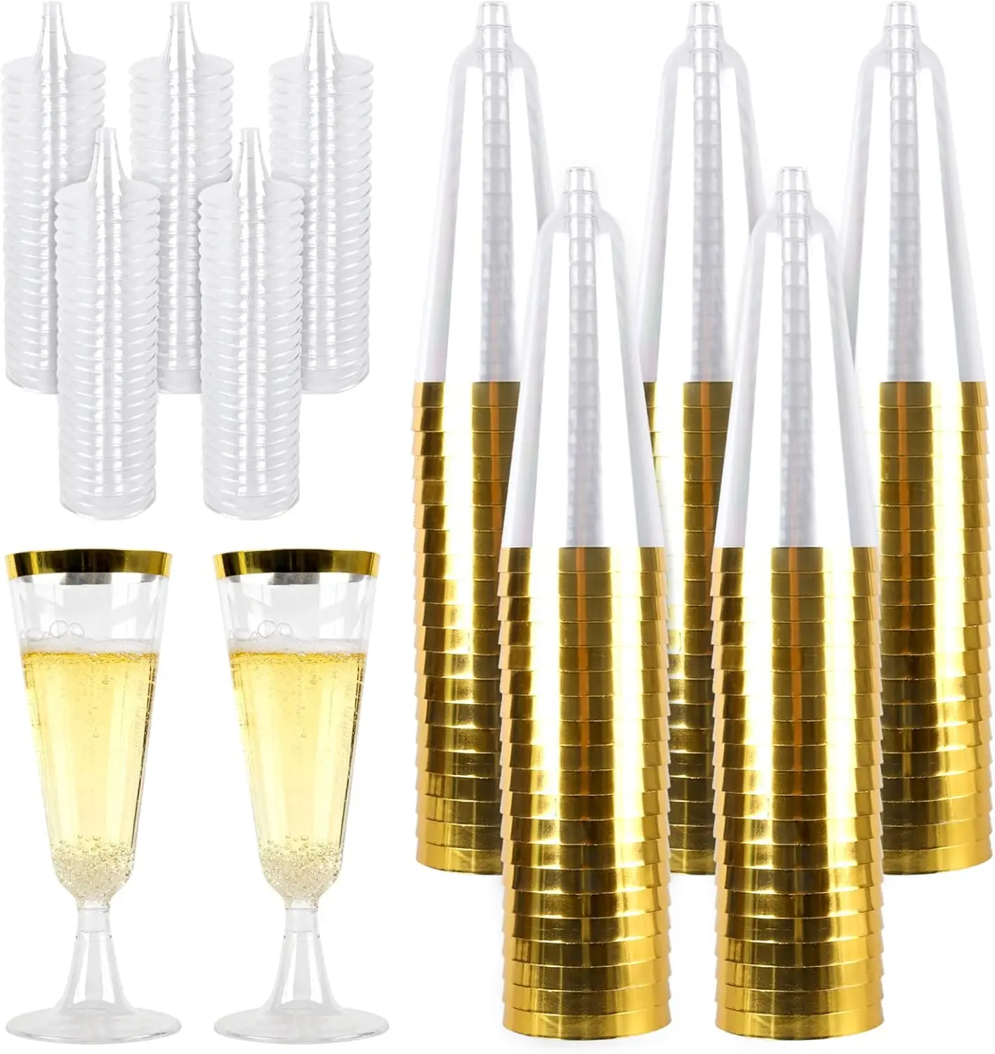 

100 Pack Gold-Rimmed Plastic Champagne Flutes, 5 Oz Clear Toasting Glasses for Wedding, Birthday, Mimoa Bar Decor