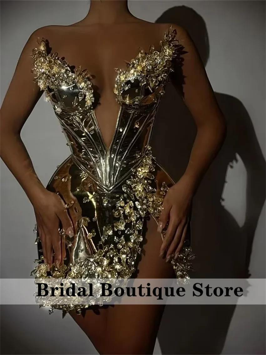 Vestido De cóctel corto De cuero plateado brillante con cuentas De cristal y diamantes De imitación, Vestidos De fiesta, vestido De cumpleaños personalizado