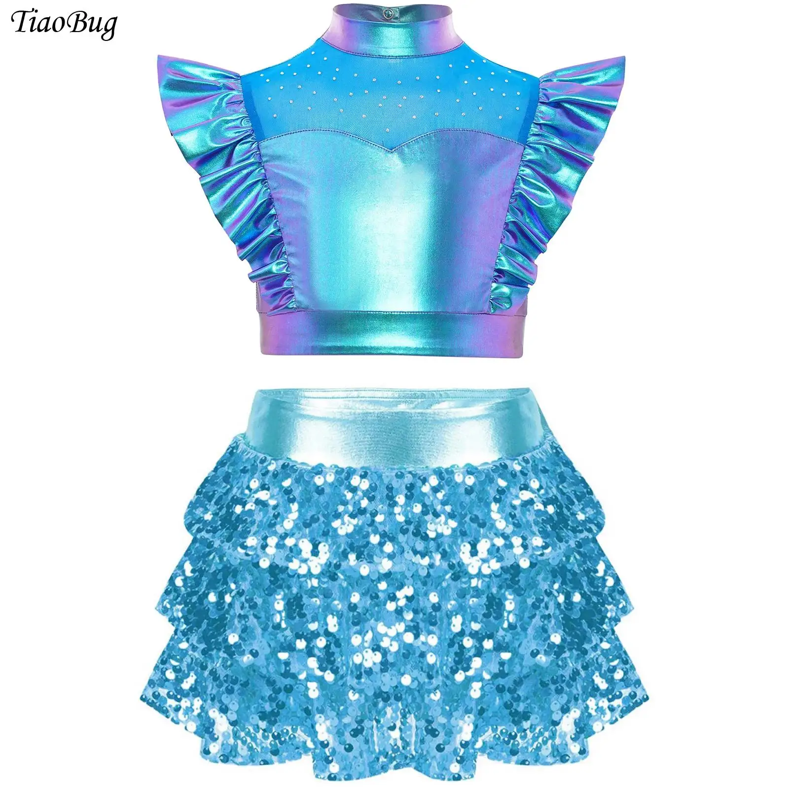 

Kids Girls Shiny Rhinestones Metallic Jazz Dance Outfit Sleeveless Crop Top+Sequins Tiered Ruffled Culottes Skirts for Hip-Hop
