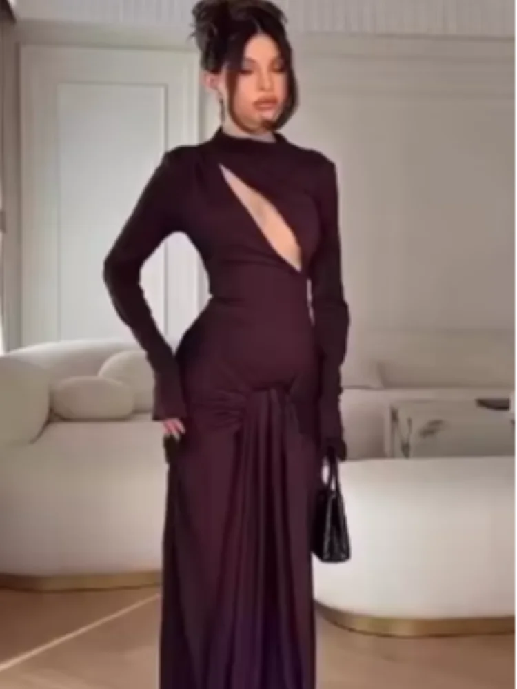 

Lady Solid Pleated Knit Maxi Dress Women Elegant Round Neck Full Sleeve High Waist Slim Long Dresses 2025 Evening Party Vestidos