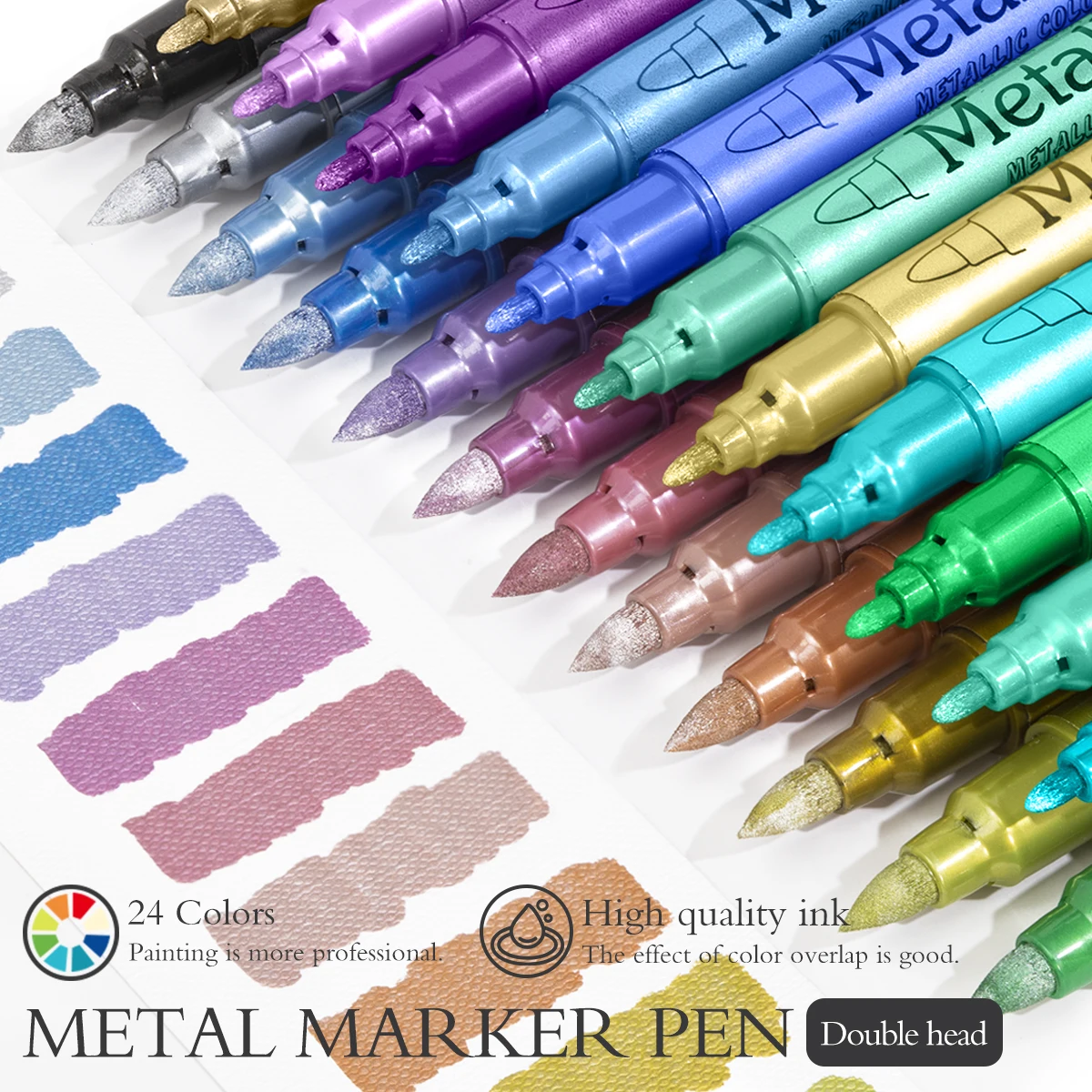 24 Colors Dual Tip Metallic Paint Marker Pen Set, Permanent Art Pens, for Ceramic Fabric Scrapbooking Journal Album DIY Crafts