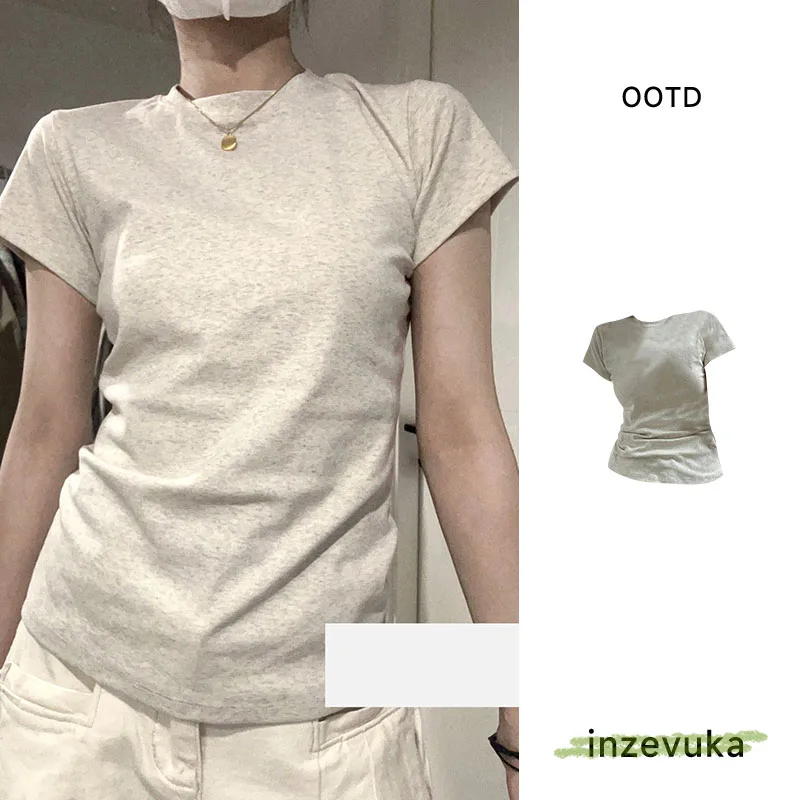 Korean Sle Milk Gray Slimming Slim fit Short sleeve T-shirt Women New Summer round Neck Shoulder Gyaru Bottoming Top T-shirt