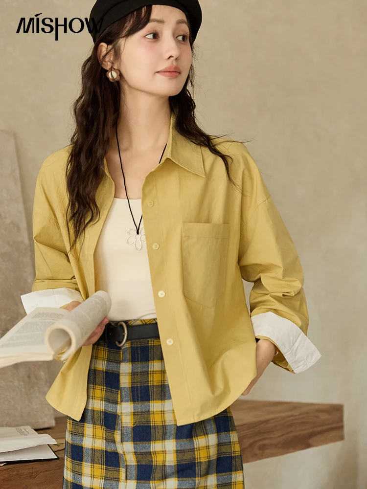 MISHOW 100 Cotton Yellow Shirt for Women 2024 Autumn Loose Casual Polo Collar Cardigan Top Contrasting Cuffs Shirts MXD47C0353