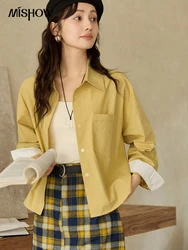 MISHOW 100 Cotton Yellow Shirt for Women 2024 Autumn Loose Casual Polo Collar Cardigan Top Contrasting Cuffs Shirts MXD47C0353