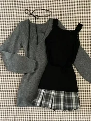 Women Two Piece Suit Vintage Grey Long Sleeve T-shirt with A-Line Mini Pleated Plaid Skirt Vintage Y2k Skirt Sets 2000s Clothes