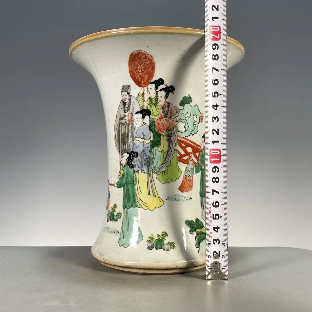 Oriental Wenwan Wucai Figure Story Porcelain Tube, Imitation Kangxi Multi-purpose Brush Pot Incense Holder Flower Vase Antique