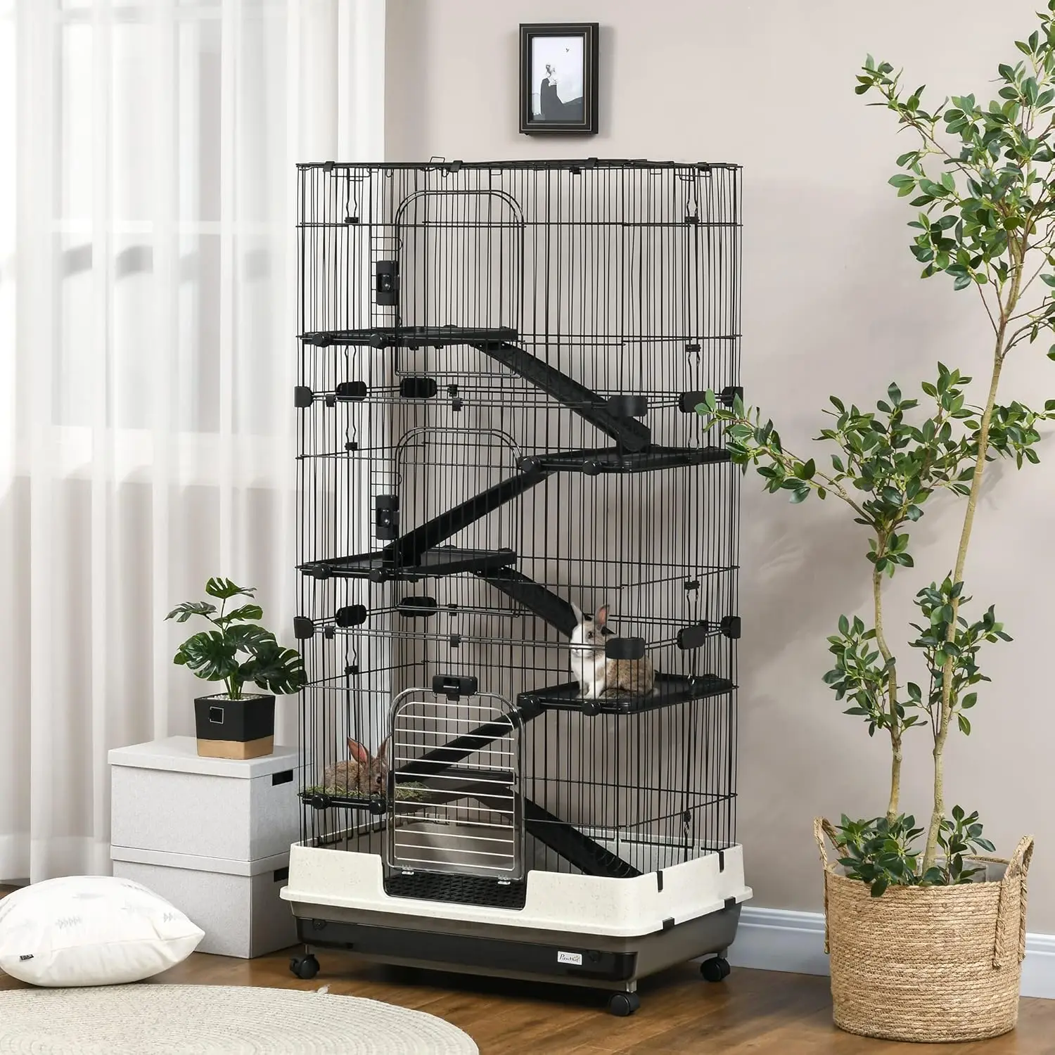 6-Level Small Animal Cage Rabbit Hutch with Wheels, Removable Tray, Platform and Ramp for Bunny, Chinchillas, Ferret, Bla