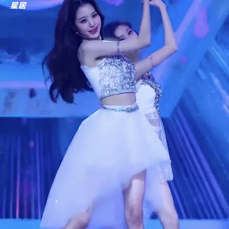 Kpop Korean Singer Y2K Concert Outfits Women Sexy Lace Sling Vest Crop Tops Jazz Dance Wear Mesh Skirt Stage Performance Costume