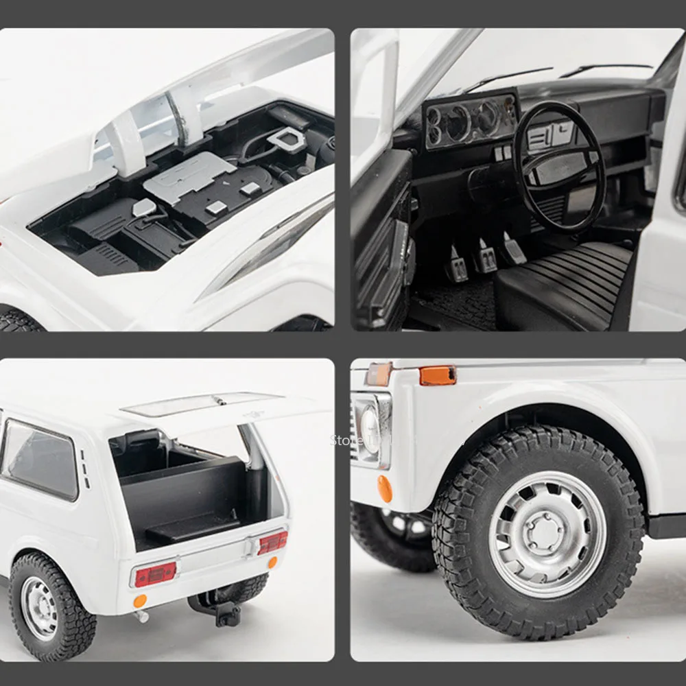 1:18 Rusia Lada Niva modelos de coches de juguete coches Vintage en miniatura aleación Diecast Pull Back 4 puertas abierto sonido luz vehículo regalos para niños