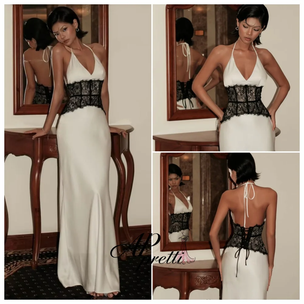 AP pretti Customized Patchwork Sexy Deep V-neck Lace Halter Women Maxi Dress White Evening Dress Slim Elegant Party Dress