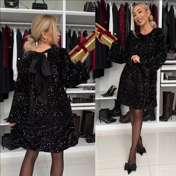 

Autumn Winter Long Sleeves Loose Casual Party Dress Sexy Women's Dresses Personalized Street O Neck Sequined Bow Dress Vestidos