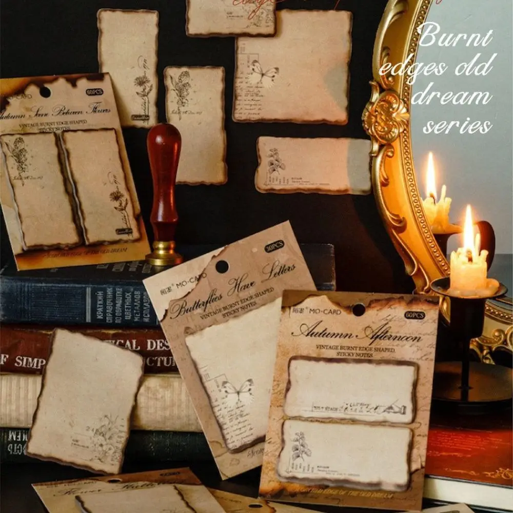 Fashion Vintage Burnt Series Sticky Notes Self-adhesive 60 Sheets Memo Pad Plant Pattern Blank Label Sticker Stationery
