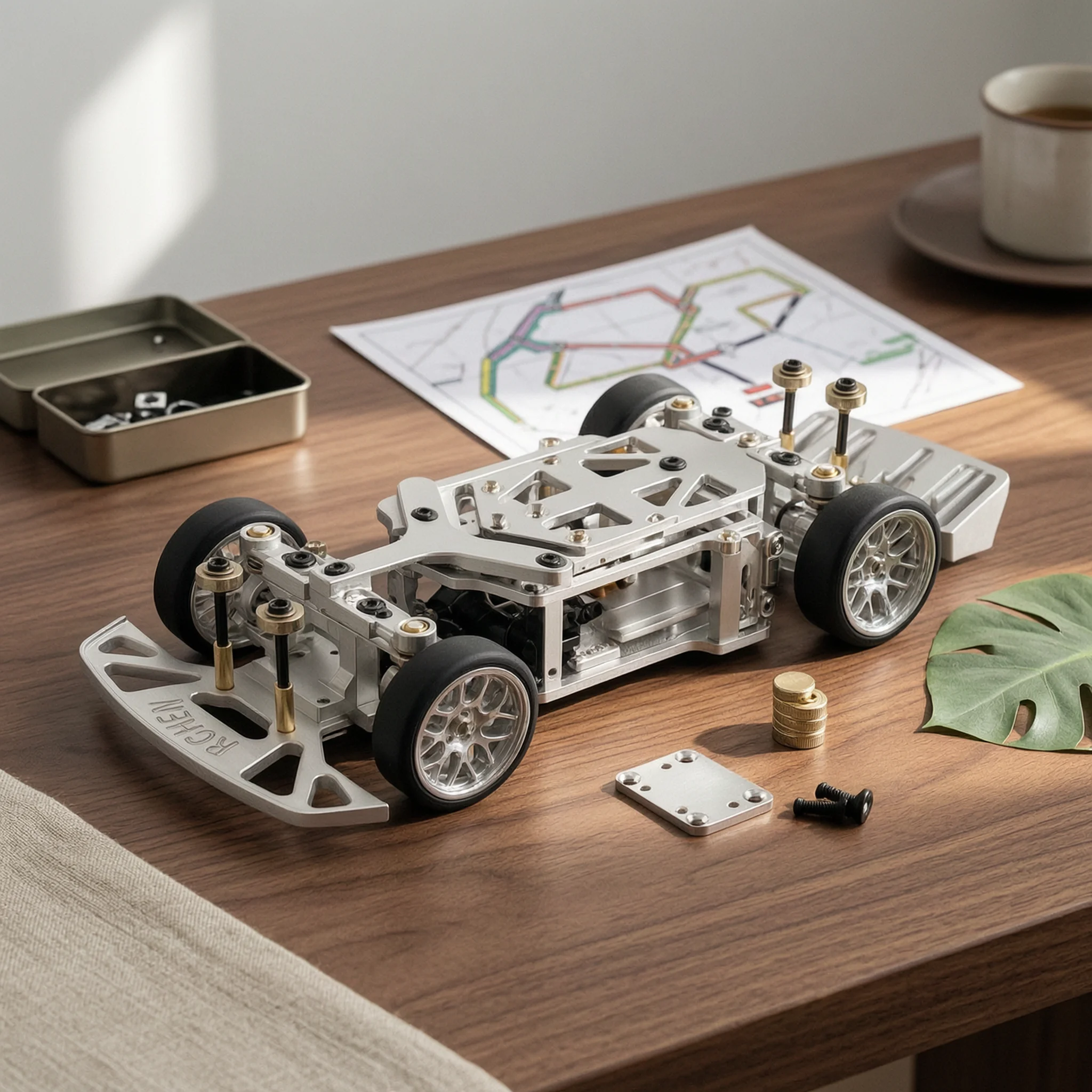RC Chassis with Steering Gear Metal Drift Chassis Châssis Roulant Rear-Drive Car Frame Compétition for Hobbyists, Drifting