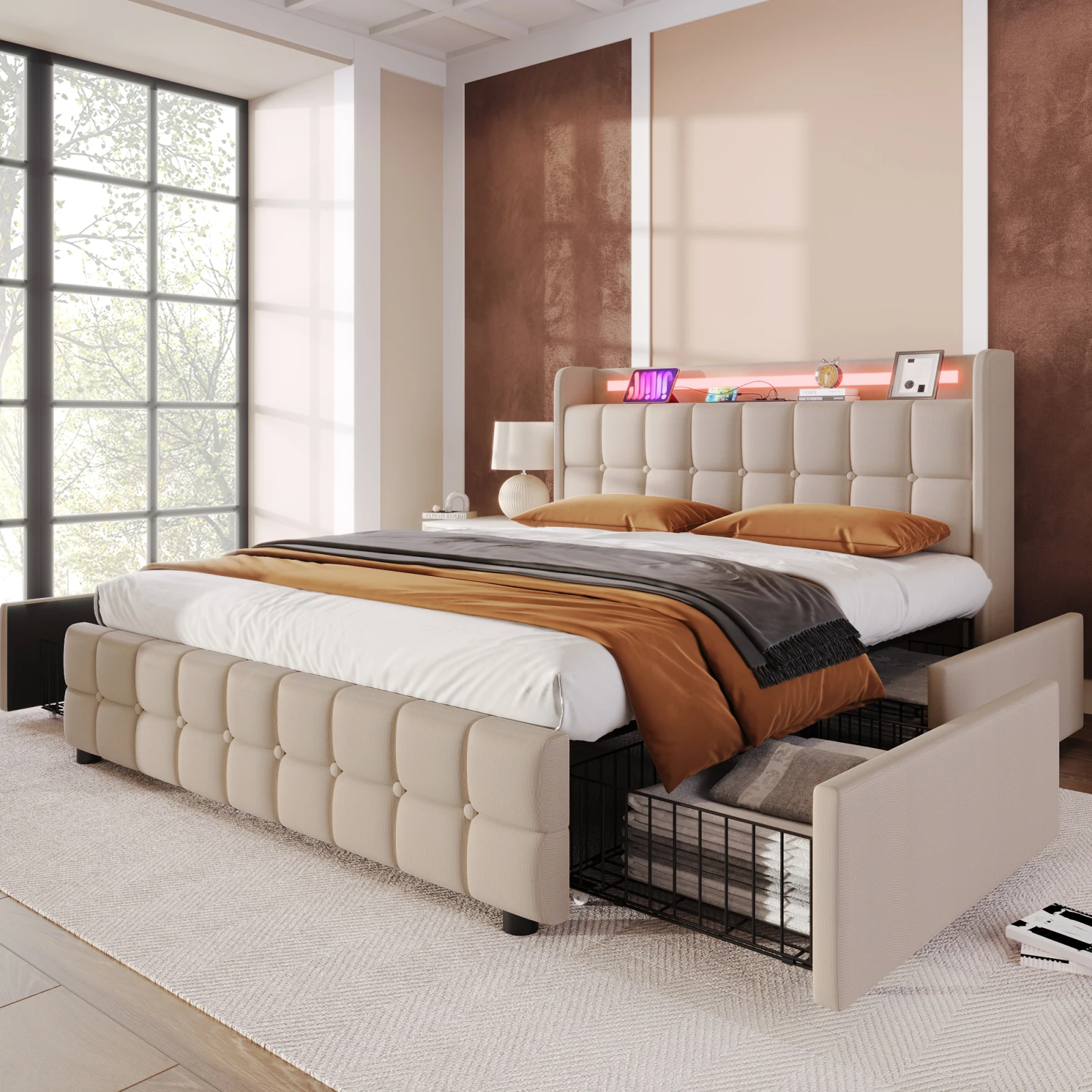 Upholstered Bed,Double Bed, Storage Beds,with USB Charging Function Headboard,LED Lighting and 4 Drawers,180x200cm, Beige