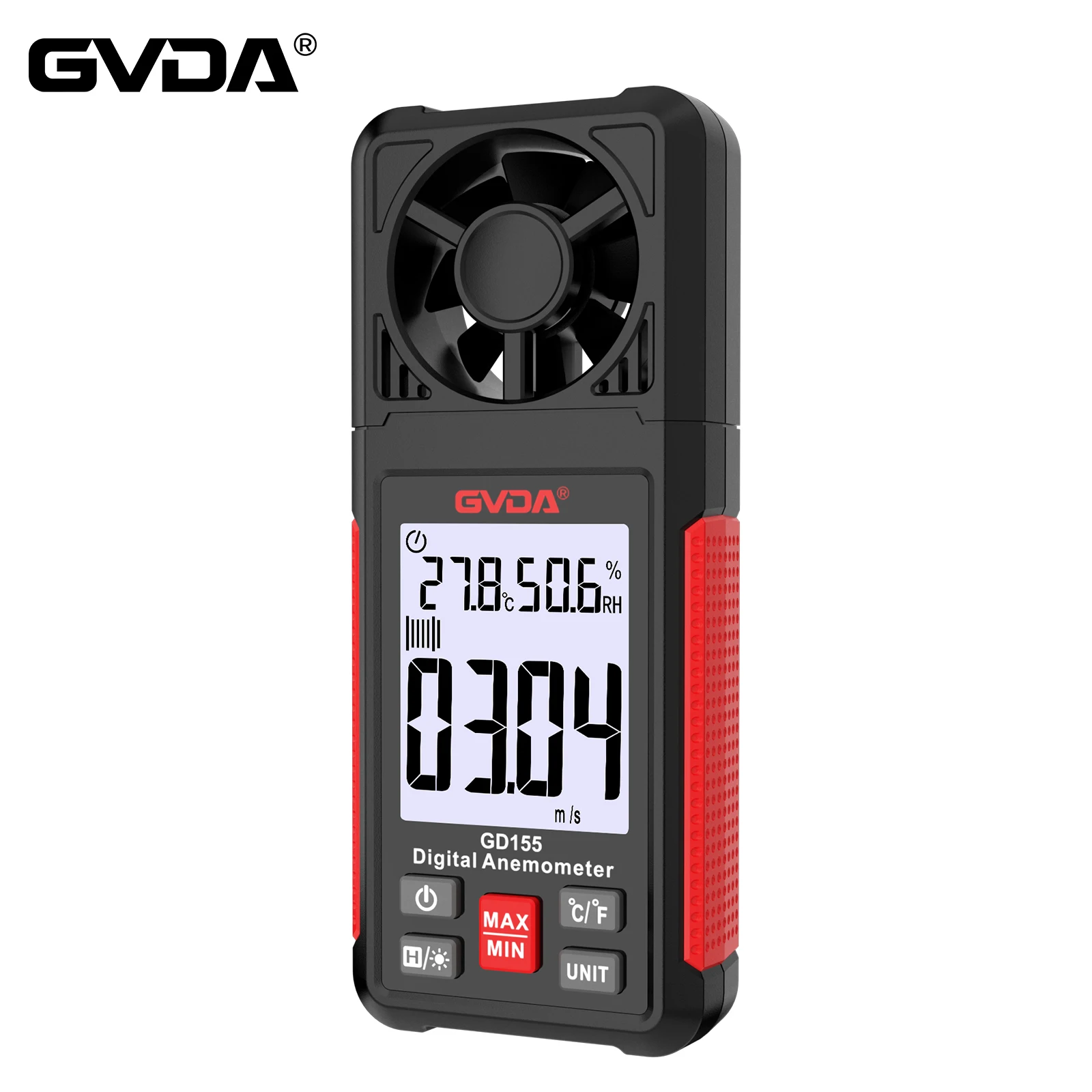 GVDA Portable Wind Speed Meter Air Velocity Gauge Windmeter LCD Backlight Display Temperature Humidity Meter Digital Anemometer