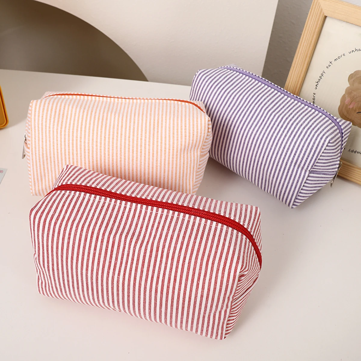 Lightweight Striped Fabric Rectangular Zipper Pencil Pouch Large Capacity Organizer For Teens School Office Travel Daily Use