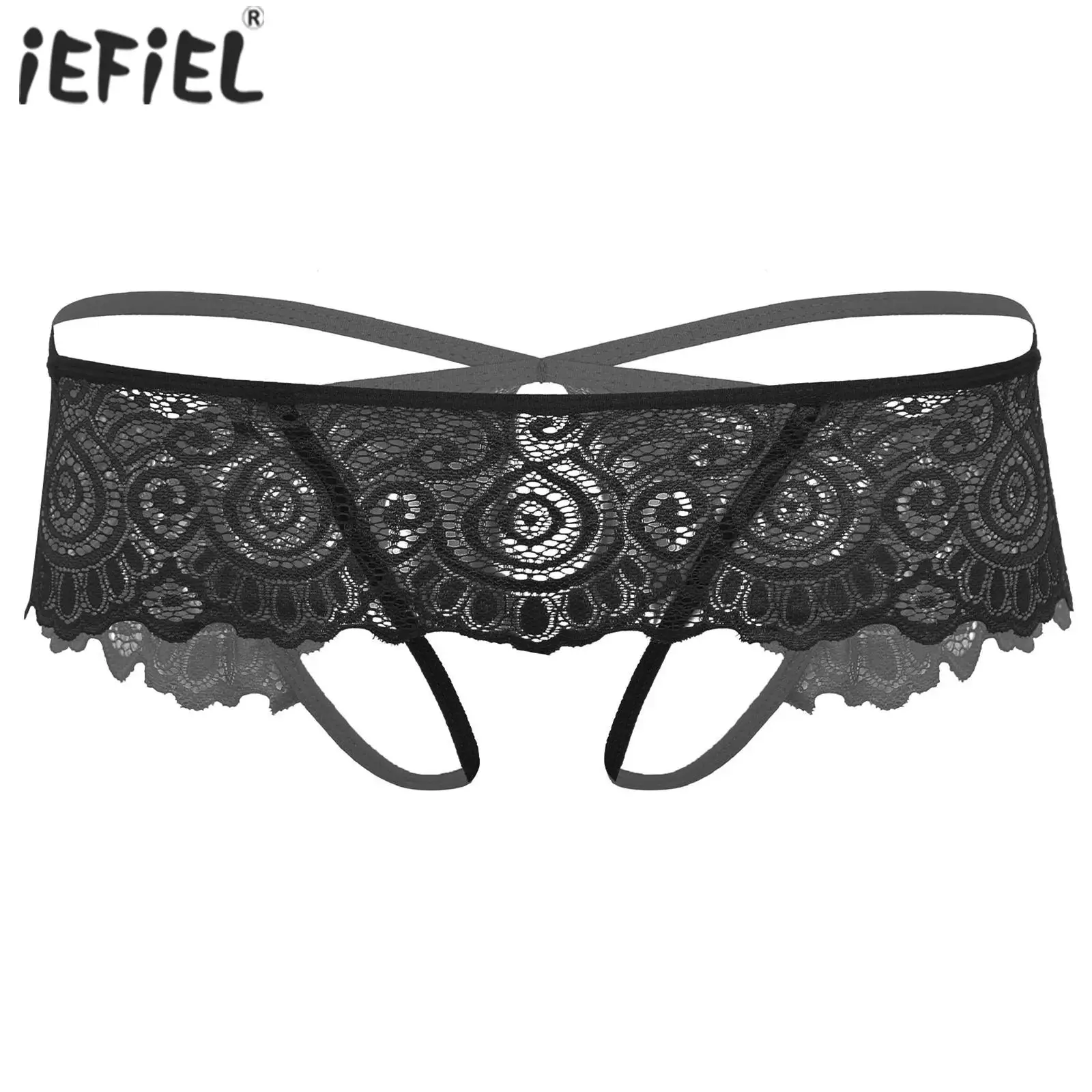 Mens Sissy G-string Briefs Sexy Lace Thong Elastic Waist Crotchless Butt Showing Panties Crossdress Underwear Nightclub Panties