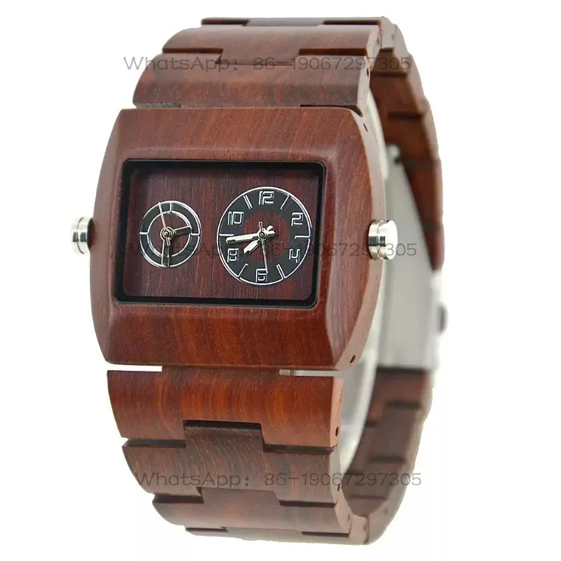 Atmospheric square black sandalwood men's watch casual dual movement quartz solid wood head watch