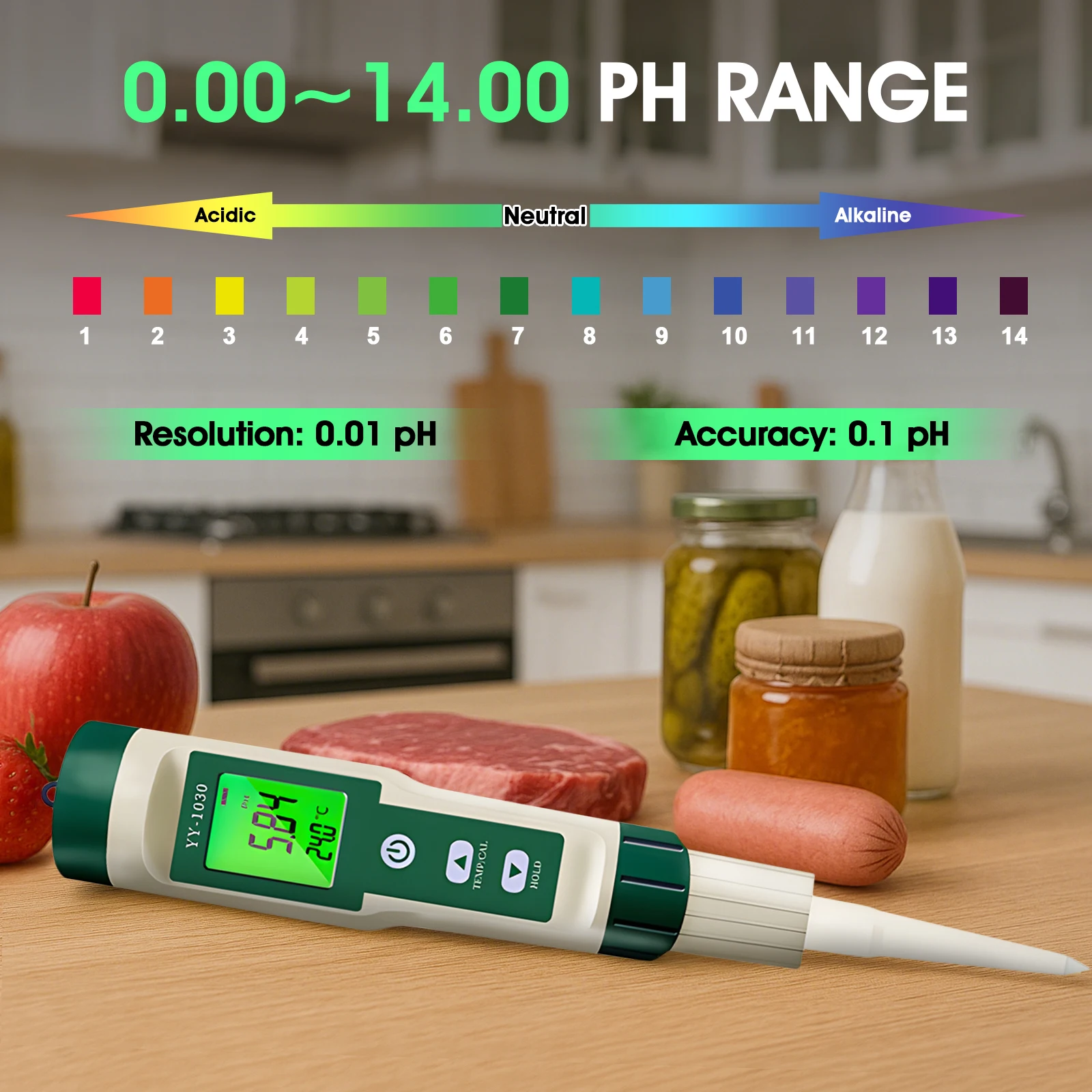 식품용 디지털 pH 측정기, 0.01 해상도 고정밀 0-14pH 측정 범위 백라이트 LCD 디스플레이가 있는 pH 테스터