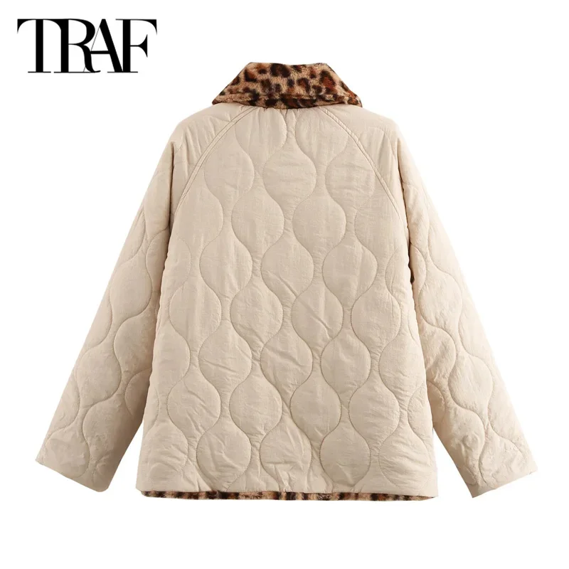 TRAF Women's Leopard Quilted Parkas 2024 Warm Winter Large Size Jacket Elegant Casual Long Sleeve Fleece Coat New In Outerwears