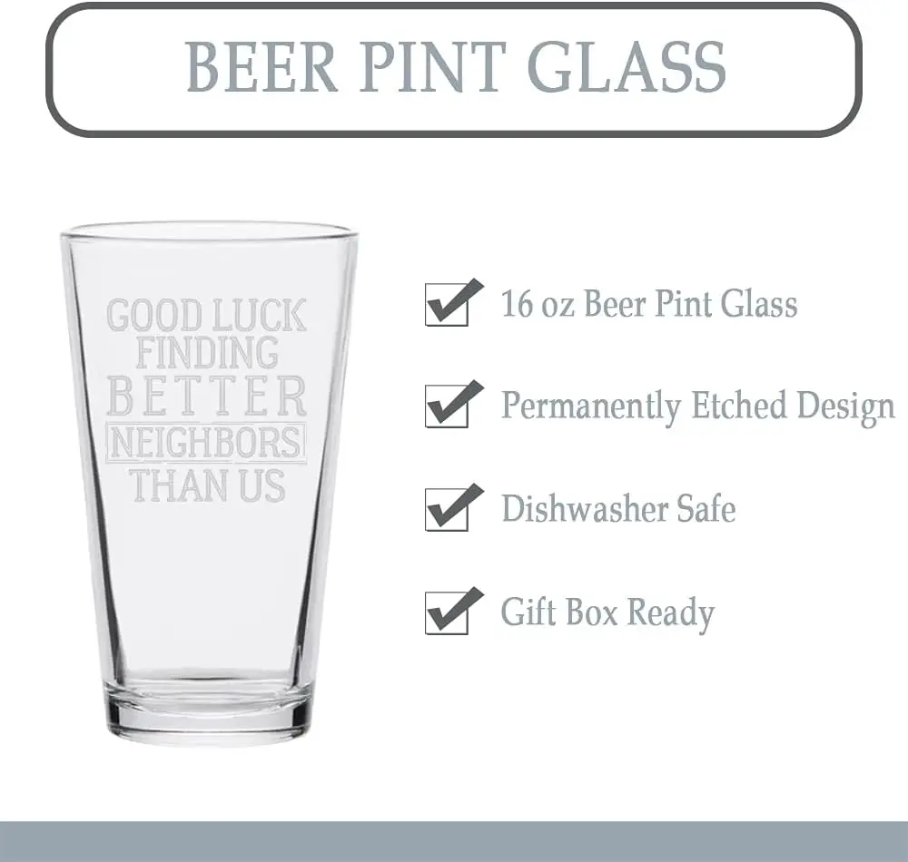 Veel geluk vinden van betere buren dan ons Pint-bierglas Grappige sarcastische vaarwel cadeau-ideeën voor weglopen (helder, glas