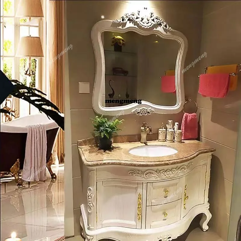 

European bathroom cabinet, red oak washbasin, American solid wood, antique bathroom cabinet, marble floor-standing washbasin cab