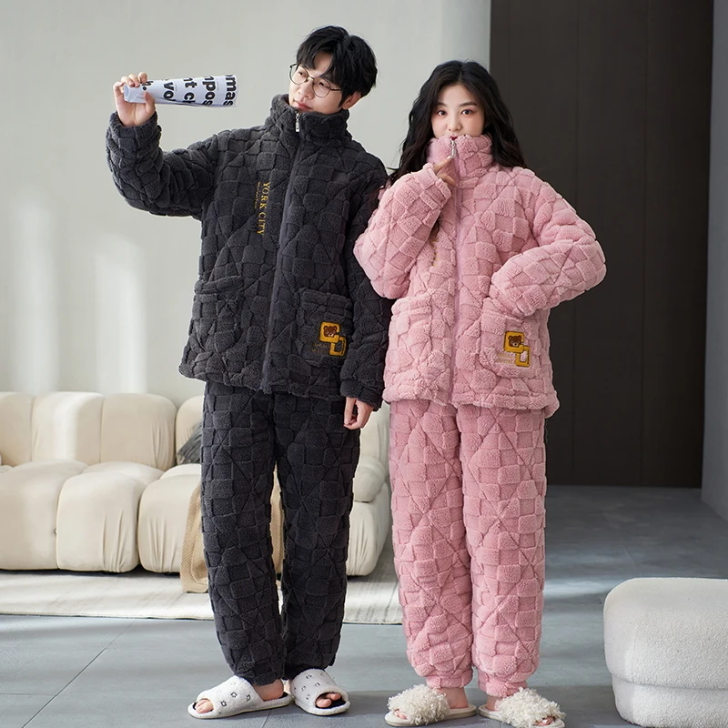 

High Quality Couple Pajamas Set Thick 3 Layers Pyjamas Winter Cotton Quilted Pyjamas Women Men Home Wear