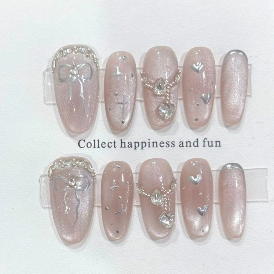 

10Pcs French Almond Rhinestone Fake Nails Shiny Cat's Eye Silver Bow Medium Acrylic Nails Elegant Pearl Chain Wearable Nail Set