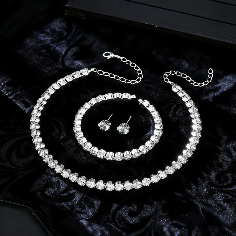 Luxury Round Crystal Jewelry Set for Women Charm Silver Color Bracelet Stud Earring Zircon Chain Necklace Wedding Party Jewelry