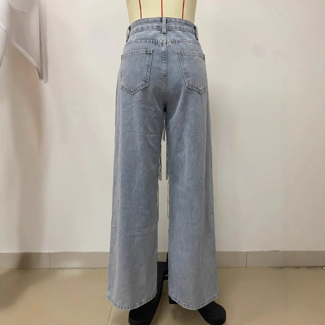 Pantaloni dritti in denim Jeans da donna Tasche con nappe Bottoni a vita alta Pantaloni larghi a figura intera lavati effetto consumato 2025 Streetwear