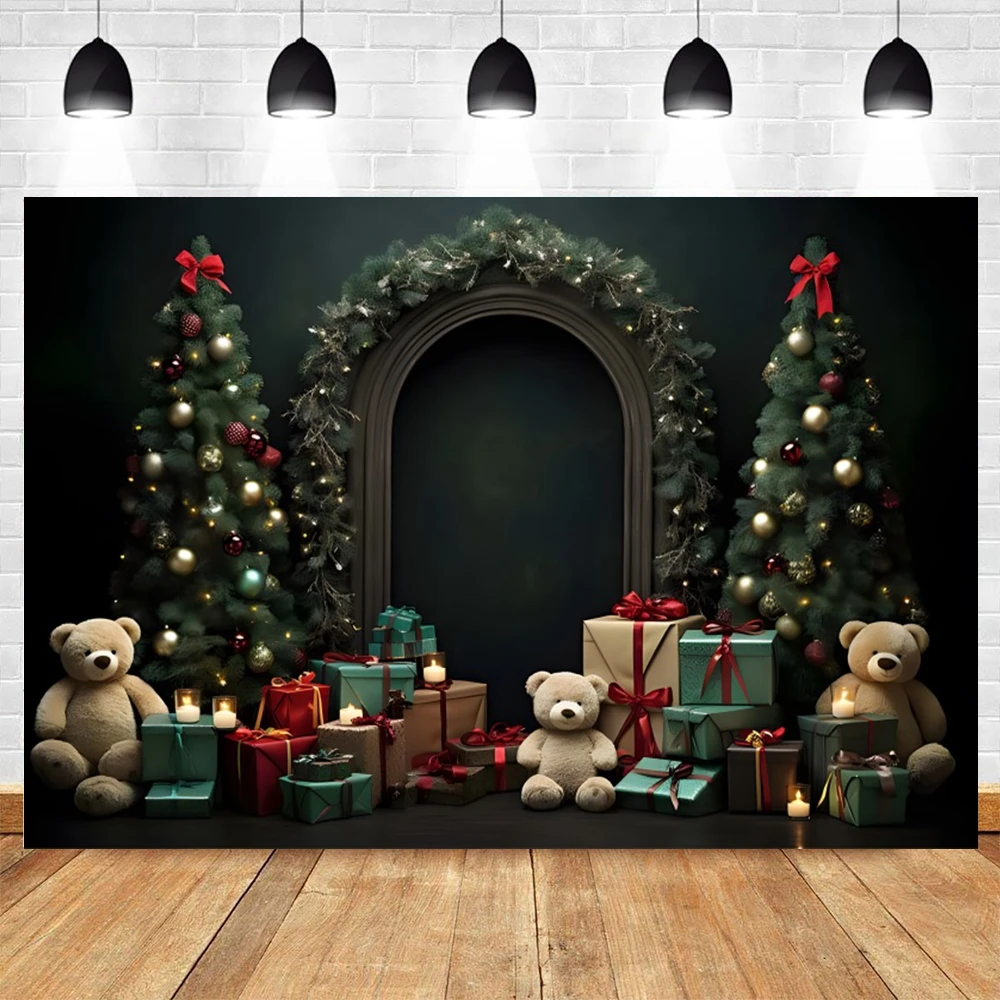 Christmas Tree Photo Background Fireplace Wreath Wood Door Gift Snowflake Photography Backdrop Family Holiday Party Photo Studio