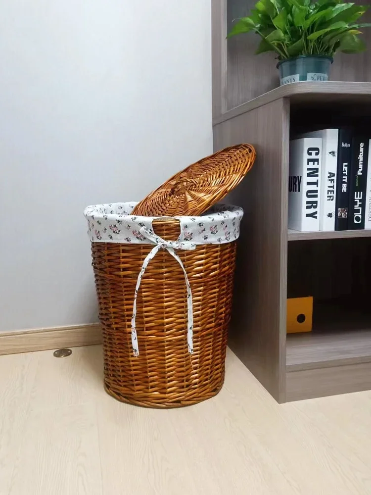 Rattan Wicker Laundry Basket Household round with Lid Storage Basket Laundry Baskets