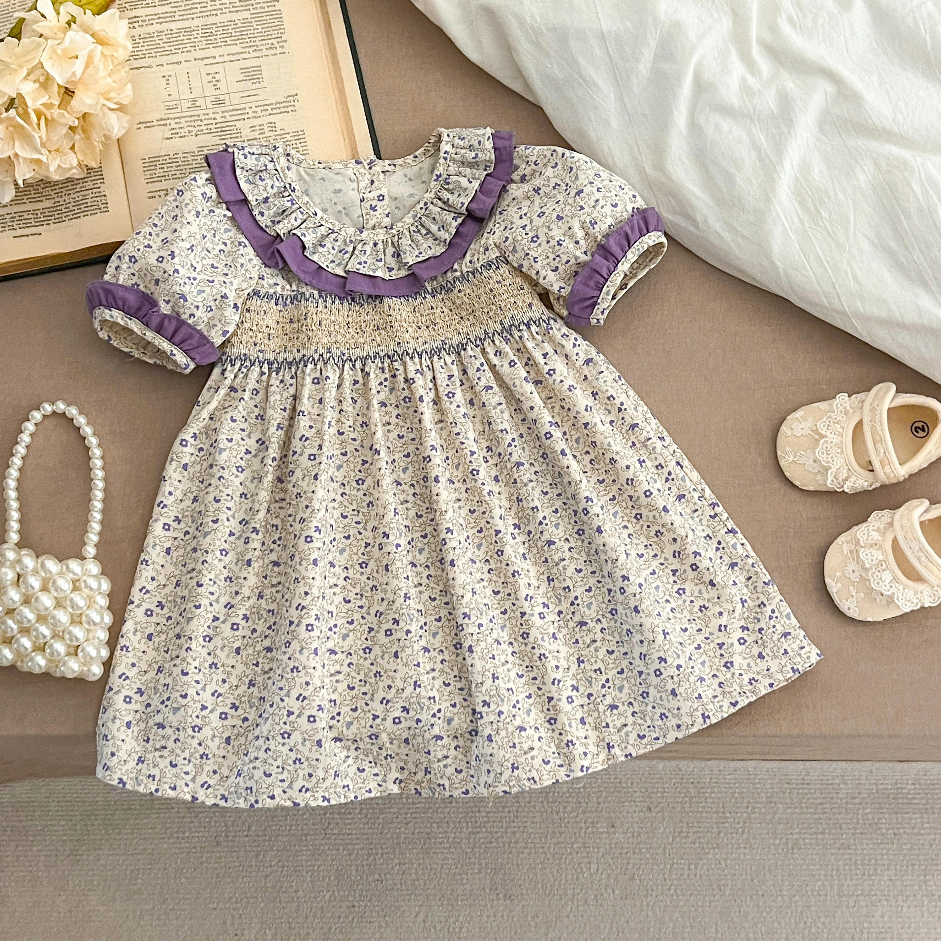 Sommer Baby Kleid Smocking Hand Stickerei Kleidung Kleinkind Mädchen Kleider Baumwolle Kinder Mädchen Puff Ärmel lässig weiches Mädchen Kleid ﻿ – Detail 1
