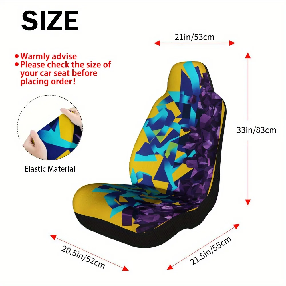 Set Of 2, Car Seat Covers Featuring Geometric Blue And Purple Shapes – Complete Set For Front Seats, Universally Compatible, Hig