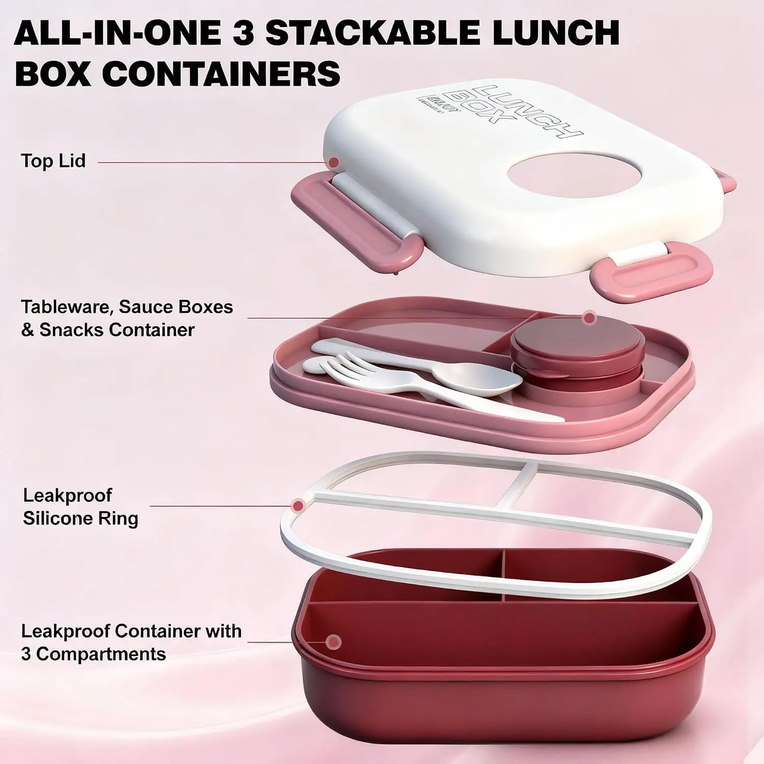 3-Compartment Bento Lunch Box Leak-Proof 37.2oz with Insulated Bag, Utensils & Sauce Container, BPA-Free, Microwave & Dishwasher Safe for School Work Travel - view 5