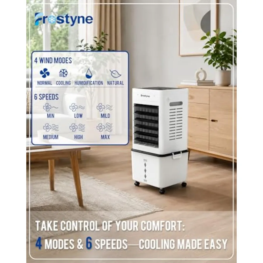Windowless portable evaporative air cooler with humidifier for bedroom home office use, white plastic unit featuring 3-gallon t