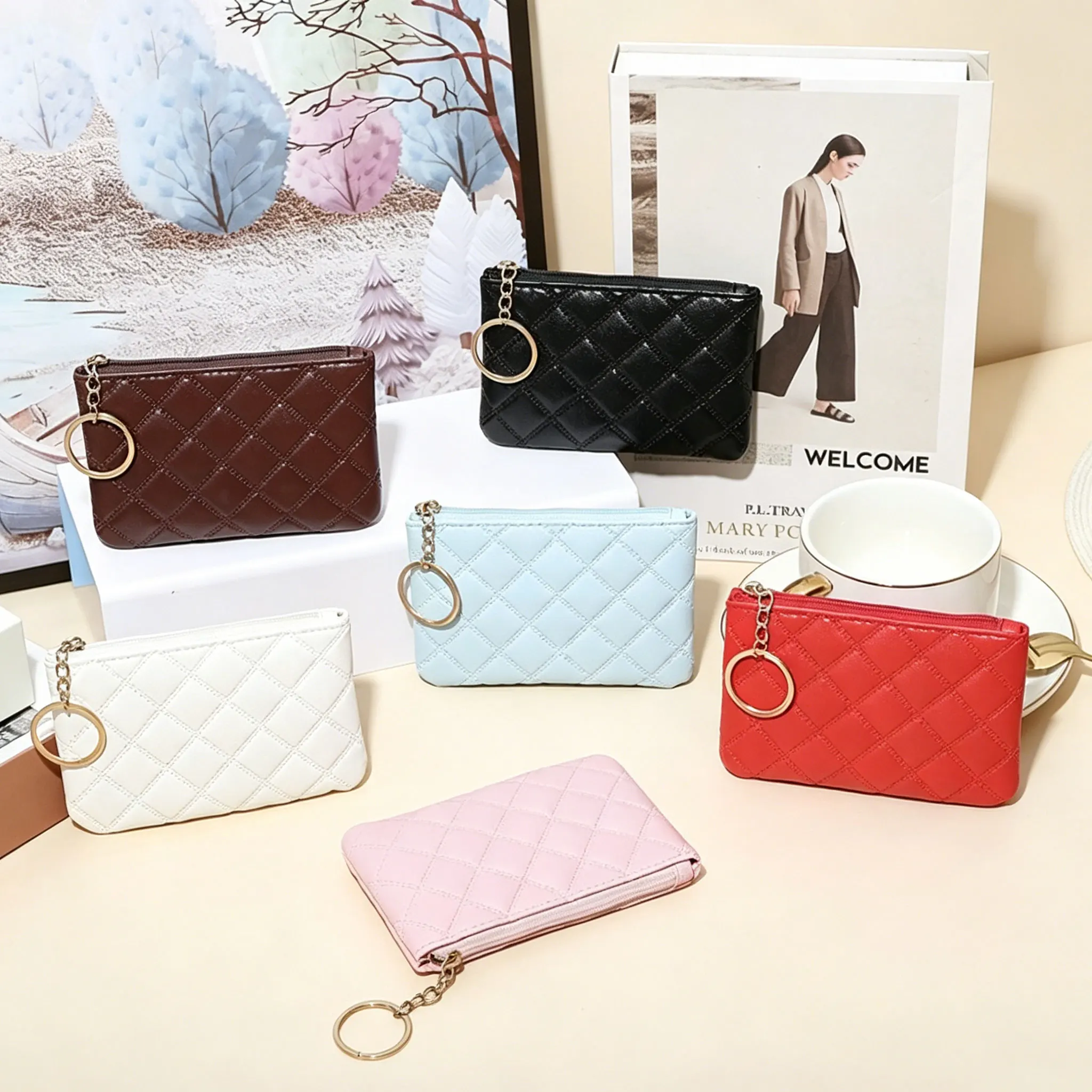 Quilted Mini Coin Purse  Women PU Zipper Wallet Key Ring Card Holder Pouch Portable Short Wallet for Ladies Daily Use