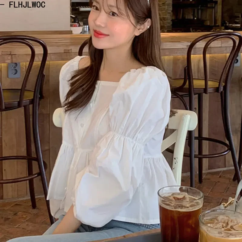Chic Korea Vierkante Hals Tops Blusas Vrouwen 2025, Lente Leuke Japan Meisjes Effen Kleur Wit Een Lijn Buik Peplum Korte Shirts Blouses