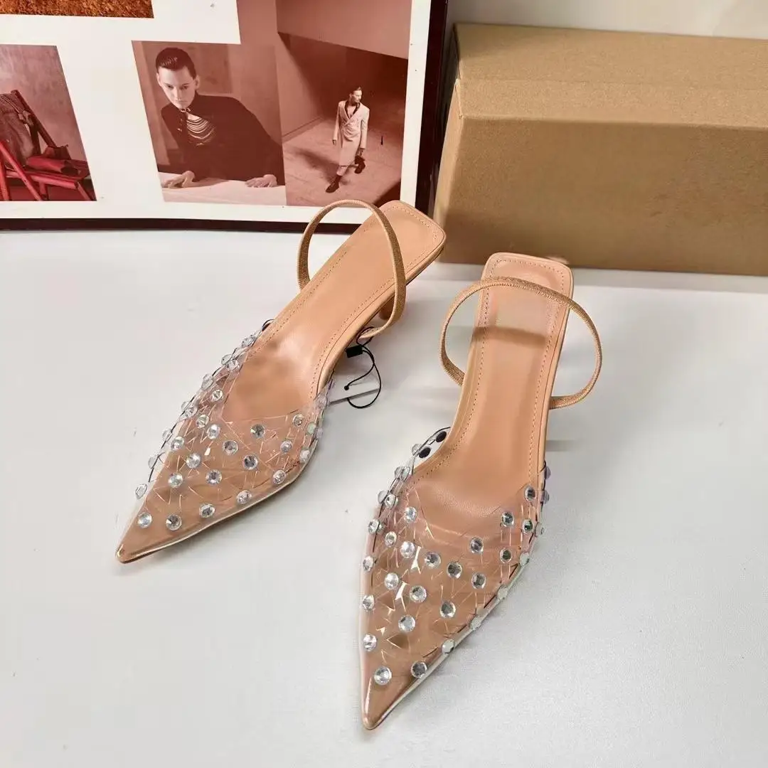 

TRAF Woamn Chic Rhinestone Transpatent High Heels Pumps Sexy Pointed Toe Slingback Low-heel Sandals 2024 Elegant Party Heels ﻿