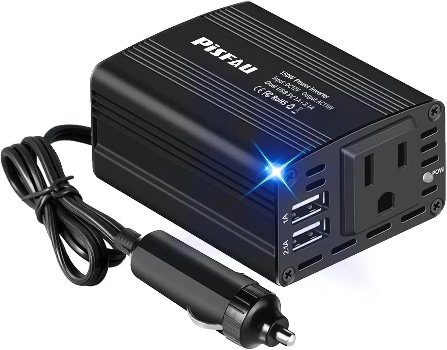 

150 Вт Инвертор 12 В на 110 В Автомобильный адаптер с двумя USB 3.1 А, черный