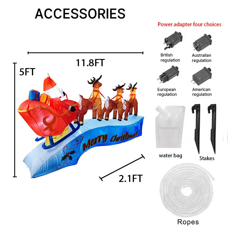 Jouet gonflable de 11.81 pieds, traîneau du père noël, renne, décoration de cour de noël, décoration de vacances éclairée par LED pour cour familiale