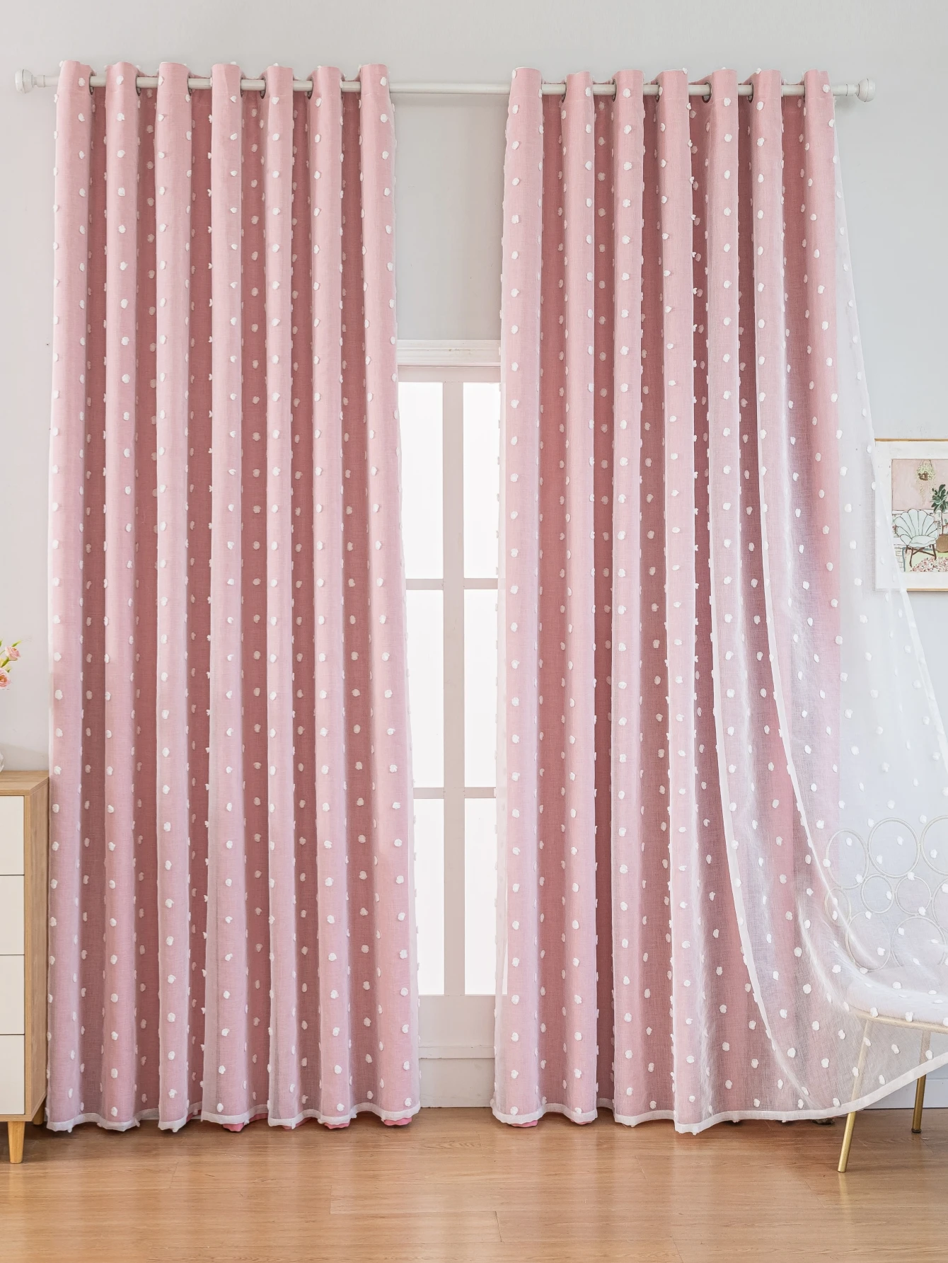 pink Double layered blackout curtains with perforated white dot gauze decor for  living rooms bedrooms office festive decor