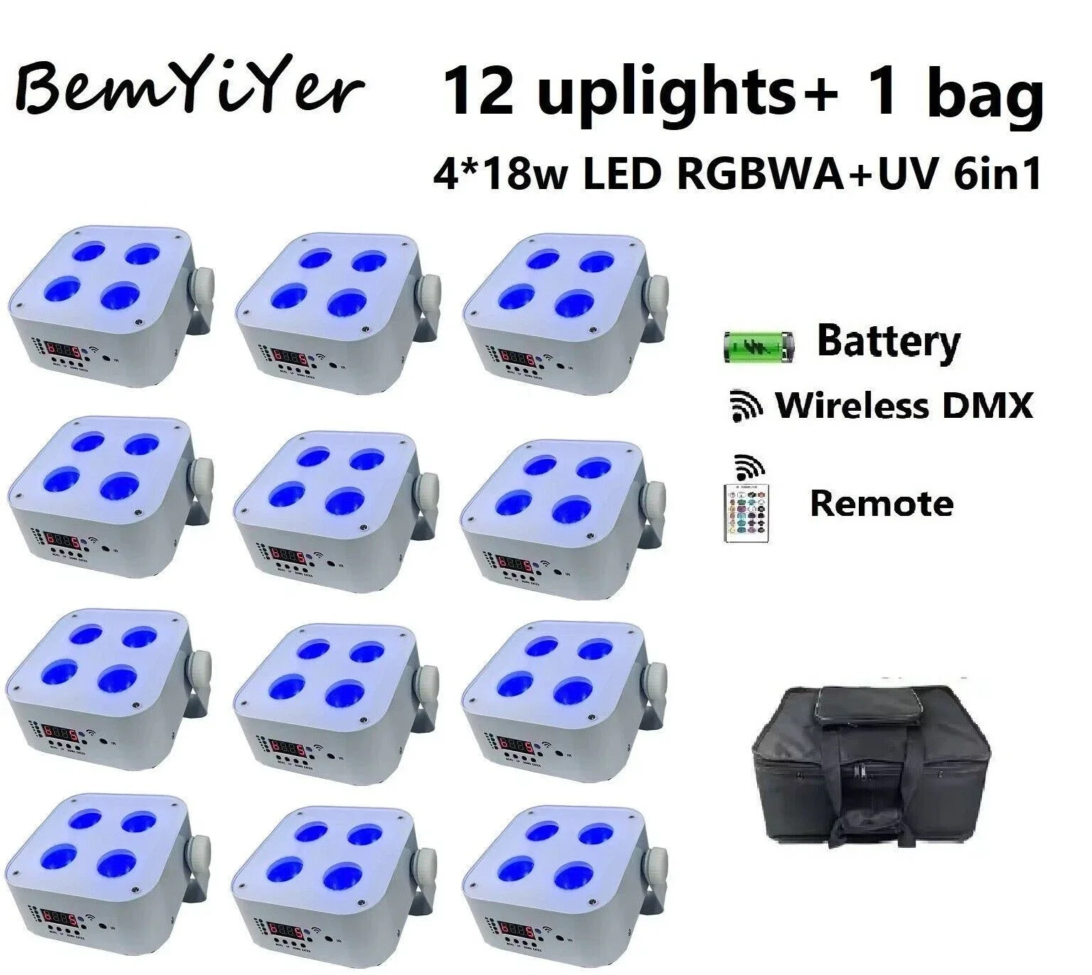 

BemYiYer 12 упаковок 4x18 Вт светодиодный аккумулятор DJ Par Uplights Беспроводной DMX Пульт дистанционного управления дорожная сумка RGBWA + UV 6in1 DJ вечерние свадебное освещение