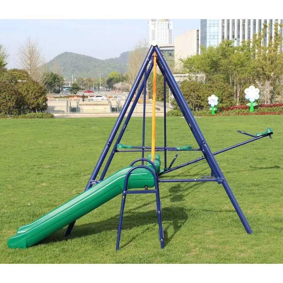 مجموعة أرجوحة خارجية معدنية من AFrame للفناء الخلفي مع شريحة للأطفال الصغار 6 مقاعد مع معدات ملعب متينة للخارجية #3